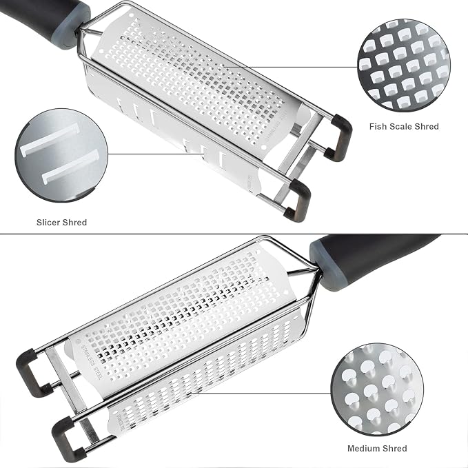 3-in-1 Lemon Zester & Cheese Grater, 304 Stainless Steel, 12-Inch, Black | Three Blade Surfaces for Fine Zesting, Coarse Grating and Slicing, 304 Stainless Steel, Non-slip TPE Handle, Dishwasher Safe