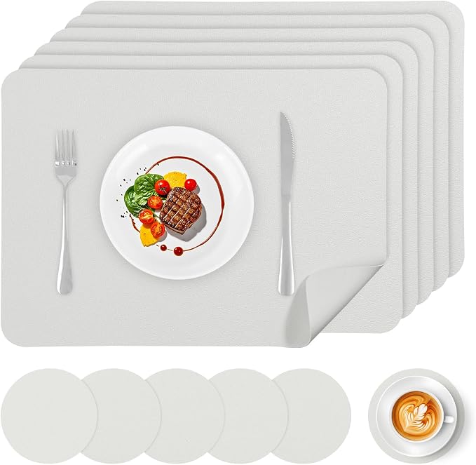 Faux Leather Placemats Set of 6 Waterproof Table Mats with Coaster | 17×12 In Heat Resistant Place Mats Set of 6 Wipebale & Washable Table Placemats for Kitchen Dining Indoor & Outdoor White