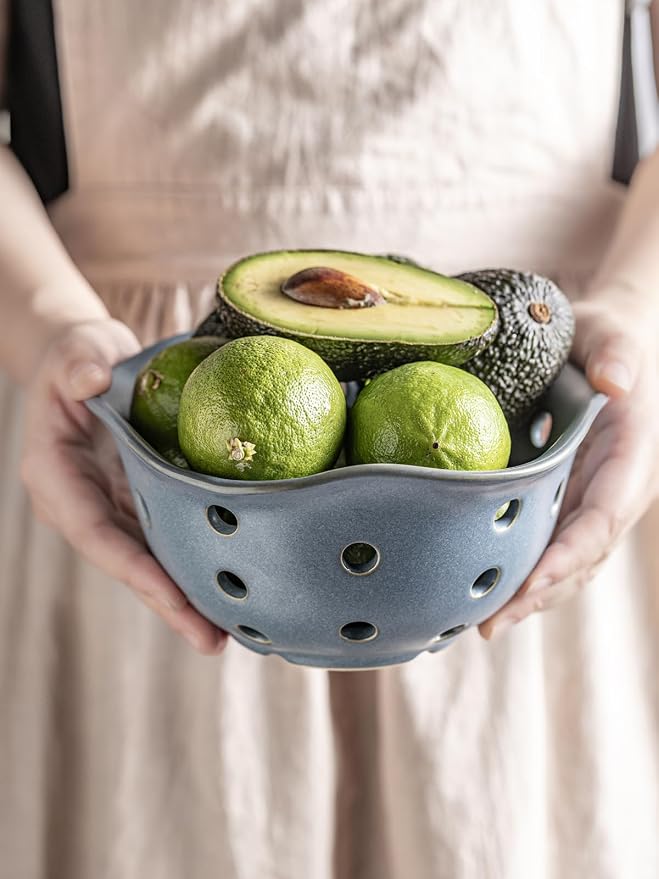 Gomakren Fruit Basket Set of 2, Ceramic Fruit Bowl Berry Basket with Holes, 7.6 Inch Fruit Containers Colander for Fridge - Farmhouse Kitchen Decor, Slate Blue