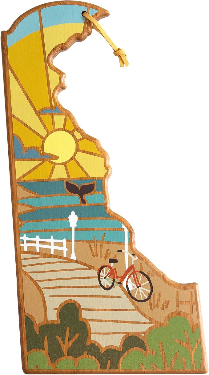 Totally Bamboo Delaware State Shaped Cutting Board, Summer Stokes Art | State charcuterie board with colorful hand-drawn landscape art. Smooth reverse side for food prep. Hang tie for wall display.