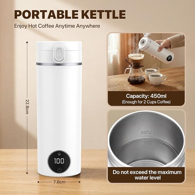 Portable Travel Electric Tea Kettle,6 Preset Temp Plug-in Keep Warm,15 OZ Small Hot Water Boiler,304 Stainless Steel,Auto Shutoff&Boil Dry Protection,Termo Electrico Portatil for Hotel,RV Travel White