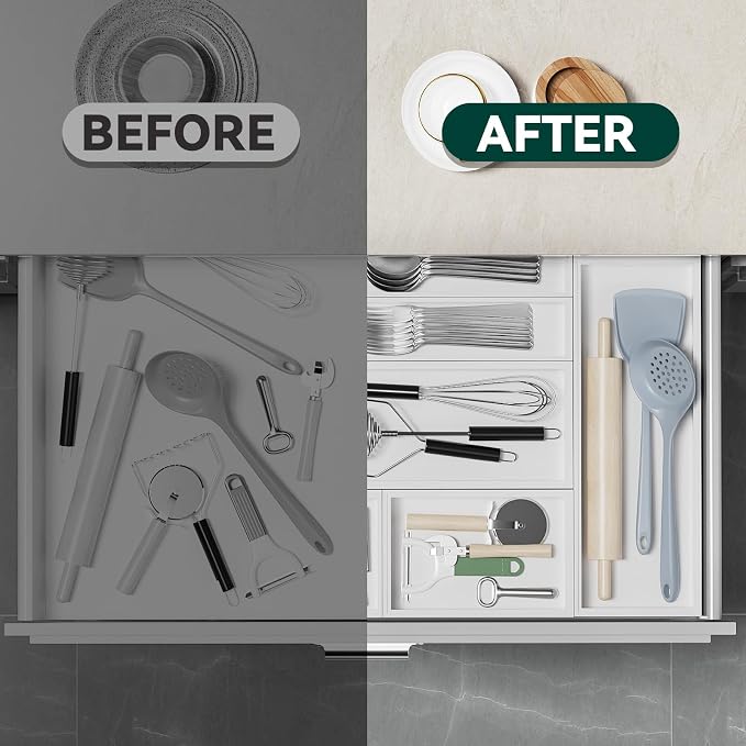 Lixple Bamboo Kitchen Drawer Organizer, 2 Pack, 9" x 6" x 2", White | Fits Silverware, Cutlery, Utensils & Kitchen Gadgets, Ideal for Kitchen Drawer Organization, Inner Size 8.3" × 5.3" × 1.77"