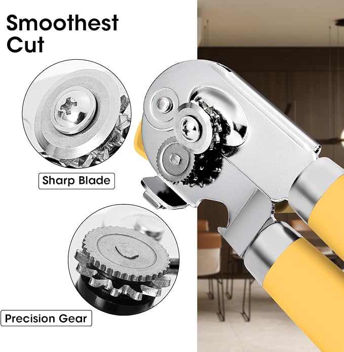 Beneno Heavy Duty Hand Can Opener Manual with Magnet Lid Remover, Yellow | Razor-Sharp Carbon Steel Blade, Precise Smooth Cutting Gear, Big Effort-Saving Knob, Soft Grip Handle, Built-in Bottle Opener