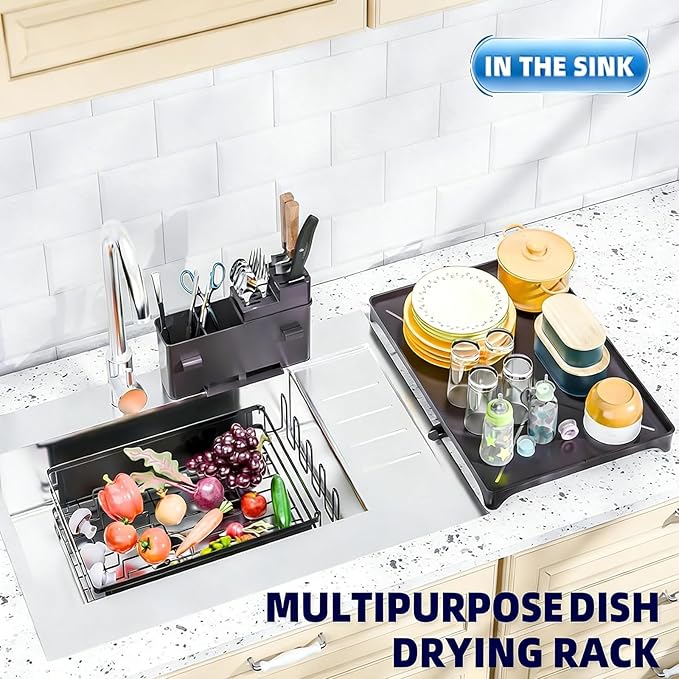 Simple Trending Dish Drying Rack for Kitchen Counter, 12" D x 16" W, Black | Stainless Steel Dish Rack for Kitchen Counter, Dish Drainer with Cutlery & Cup Holders, Anti-Rust, Counter Space Saving
