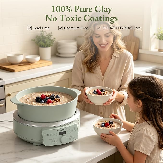 MAGNIFIQUE Slow Cooker, 4.5 Quart 8-in-1 Clay Pot Multi-Cooker, Non-Toxic Slow Cooker with Removable Clay Pot, for Rice, Pasta, Steam & Proof, Nonstick, Oven Safe Pot to 500°F, Olive