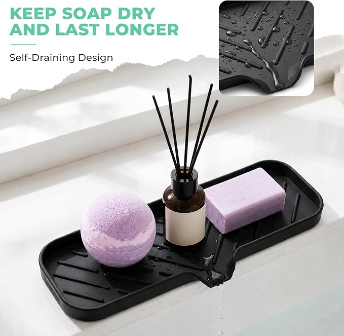 MicoYang Silicone Soap Dish with Drain Spout — Self-Draining Double Sink Organizer Tray for Kitchen & Bathroom, Dispensers, Sponges & Soap Holder, Non-Slip & Dishwasher Safe, Black (Large, 12"×4")