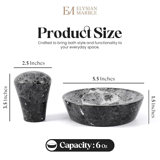 Mortar and Pestle Set, Black Marble 5.5 Inch Wide Shallow Mortar with Pestle, Manual Spice Grinder for Herbs, Garlic, Ginger, Pesto, Guacamole, Salsa and Fresh Seasoning
