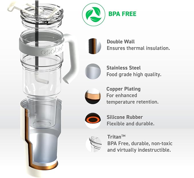 asobu Extra Large Travel Explorer Tumbler for Hot and Cold with Stainless Steel Removable Coffee Mug Sleeve - Straw and Flip Open Sip Spout, 34 oz / 25 oz (White)