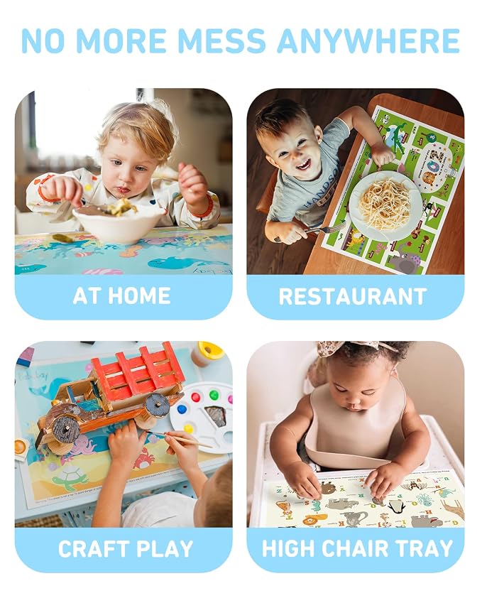 Babebay Disposable Placemats for Baby, 40 Pack Sticky Toddler Placemat for Restaurants, Dining Table, Party, Travel, 12" x 18" with 3 Designs