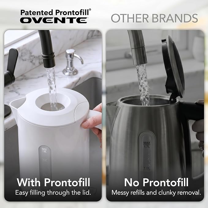 OVENTE 1.8L Electric Kettle with 1500W Fast Boiling Heater, White KP413W | Best For Coffee or Tea, BPA-Free, Easy-Fill Lid, Water Level Window, Auto Shut-Off & Boil-Dry Protection, Removable Filter