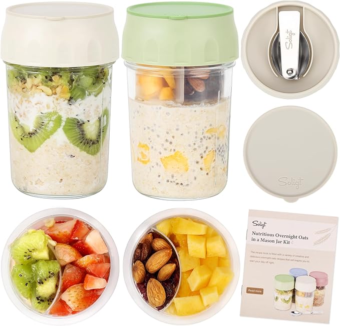 SOLIGT 2 Pack Overnight Oats Containers with Lids (White/Organic Green) | Folding Spoons and Divided Compartments for Fruit&Nuts, Small Glass 16oz Mason Jars for Oatmeal Yogurt Parfait