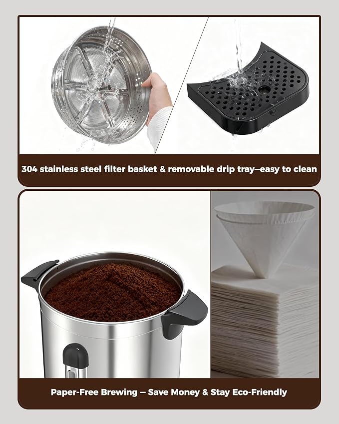 OSTBA 30-Cup Commercial Coffee Urn, 5.2L 304 Stainless Steel Percolator | 950W Fast-Brewing Coffee Maker and Hot Water Dispenser with Double-Wall Insulation for Home, Office, Catering and Events