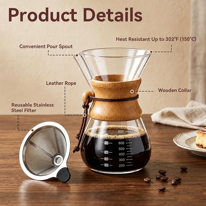 27oz Borosilicate Glass Pour Over Coffee Maker Non Toxic Plastic Free Coffee Maker Home Drip Coffee Maker Coffee Dripper Brewer with Reusable Stainless Steel Filter And Cork Grip