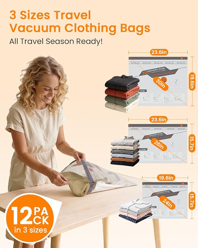Vacuum Seal Bags for Clothing Travel with Rechargeable Cordless Pump, 12 Pack Compression Space Saver Bags for Packing, Luggage and Seasonal Storage