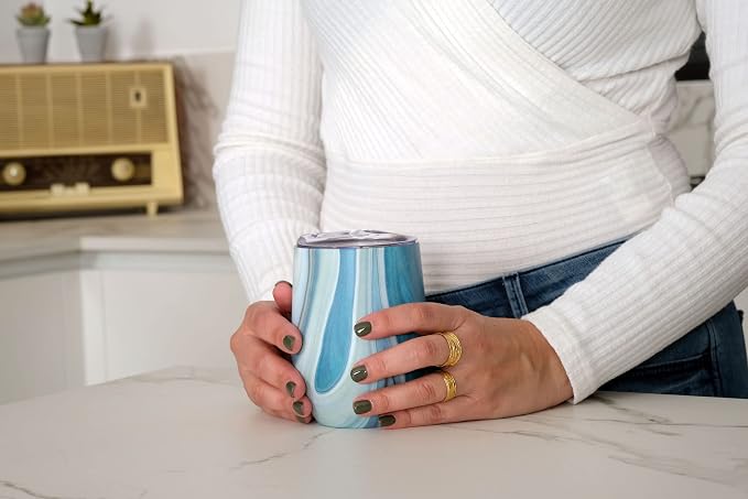CHILLOUT LIFE 12 oz Stainless Steel Wine Tumblers 2 Pack - Double Wall Vacuum Insulated Wine Glasses Cups with Lids and Straws Set Keeping Cold & Hot for Coffee, Beer, Ice Cream - Ocean Marble Pattern