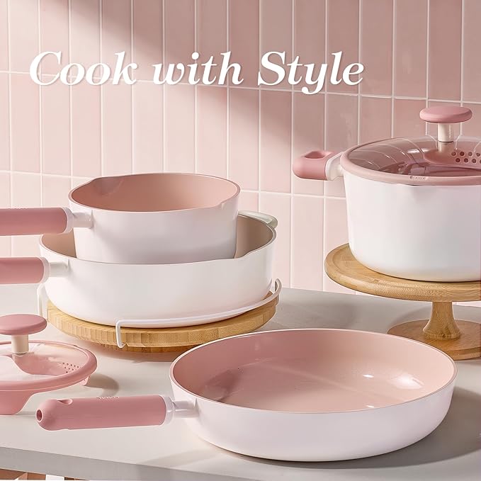 CAROTE Pots and Pans Set, Ceramic Cookware Set, 15pcs | Non-Toxic Healthy Induction Cooking Set, Dishwasher Safe, Easy to Clean, Even Heating, with Silicone Lids, PFAS FREE