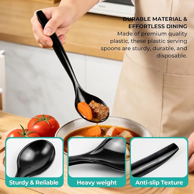 CXPSINC 12 Count Black Plastic Serving Spoons, 10" Disposable Heavy Duty Plastic Serving Utensils for Catering Weddings Parties Buffets Events and Stock Your Home (Black, 12PCS Spoons)