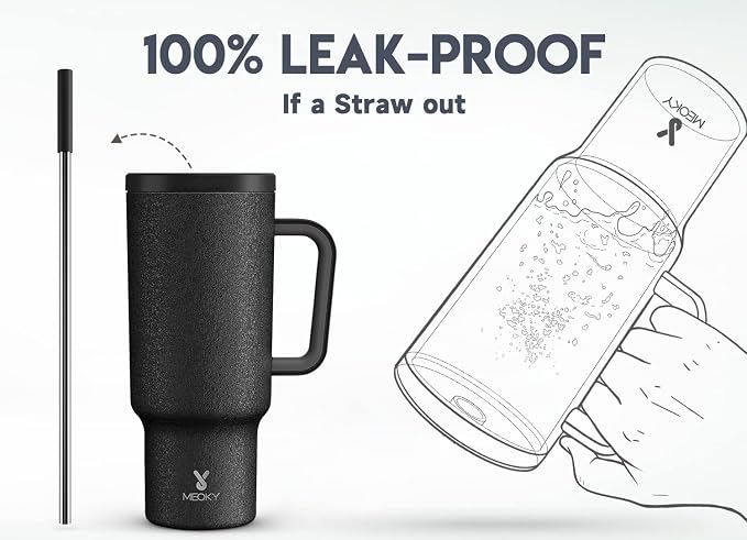 Meoky 40oz Tumbler with Handle, Leak-proof Lid and Straw, Insulated Coffee Mug Stainless Steel Travel Mug, Keeps Cold for 34 Hours or Hot for 10 Hours (Night)