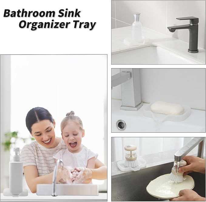 MicoYang Silicone Soap Dish with Drain Spout, Self-Draining Sink Organizer Tray for Bathroom & Kitchen, Sponges, Dispensers & Soap Holder, Non-Slip & Dishwasher Safe, Translucent (Compact, 4.9"×3.2")