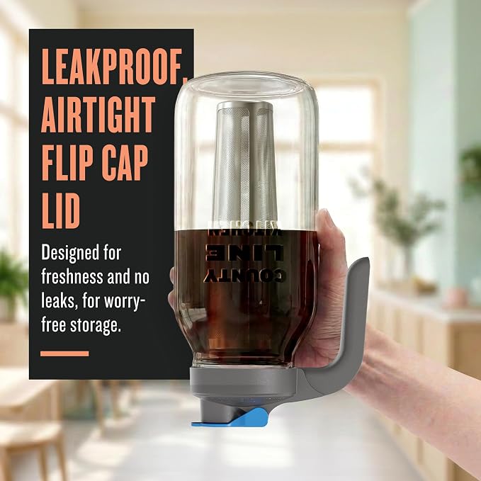 County Line Kitchen 64oz Cold Brew Coffee Maker with Leak Proof Lid - Gray | Glass Cold Brew Coffee Maker - Wide Mouth Mason Jar, Stainless Steel Filter & Leak-Proof Lid (64 oz)