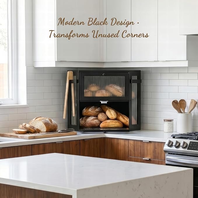 Corner Bread Box for Kitchen with Bread tongs,Black | Bamboo Bread Box For Homemade Bread Storage,Double Layer Corner Bread Box For Kitchen Countertop