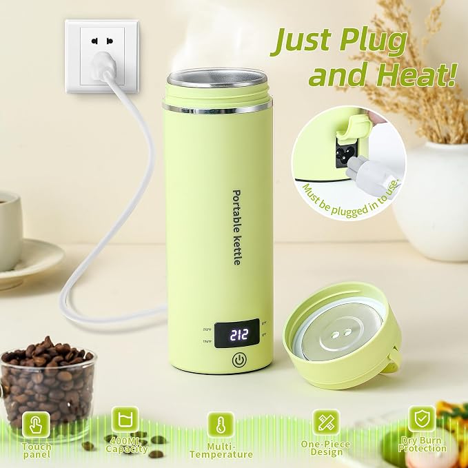 Touxila Portable Electric Kettle for Travel 120V, 13.5oz, 4 Temp Settings | 304 Stainless Steel Lining,Fast Boiling Water,Auto Shut-Off,Boil Dry Protection,Small Kettle for Office & Hotel(Green, 400ML)