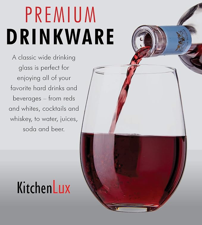 Kitchen Lux Stemless Wine Glasses Set of 6, 18oz Wine Glass – Stemless Wine Glass & Cocktail Tumbler Set – Premium Glass Drinking Cups in Bulk– Deluxe Gift Pack Short Wine Glasses, Dishwasher Safe