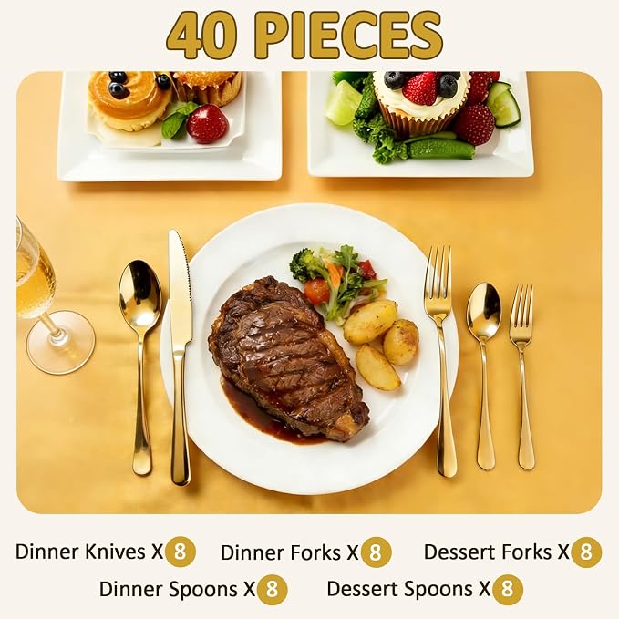 40 Piece Silverware Set, Kitchen Utensils Set for Restaurant & Home, Stainless Steel Cutlery Set, Flatware Set include Forks, Knives, Spoons, Gold
