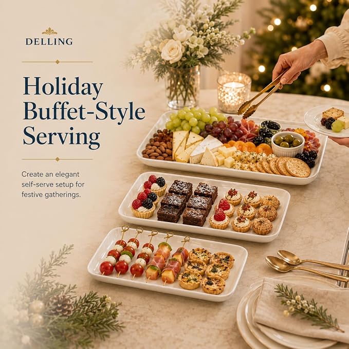 DELLING Large Serving Platter Set of 3, 16/14/12 Inch Porcelain Serving Trays for Party - White Ceramic Rectangular Platters for Entertaining, Appetizer Fruit Tray for Gethering Shower Dinner