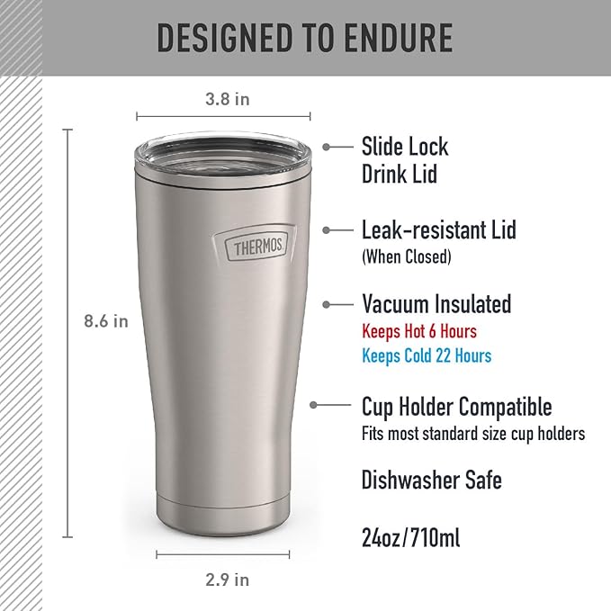 THERMOS Icon Series 24oz Stainless Steel Tumbler with Slide Lock Lid, Leakproof, Fits Cupholder, Dishwasher Safe, Griptec™ Non‑Slip Base, Keeps Drinks Hot 6 Hrs/Cold 22 Hrs, Matte Stainless Steel