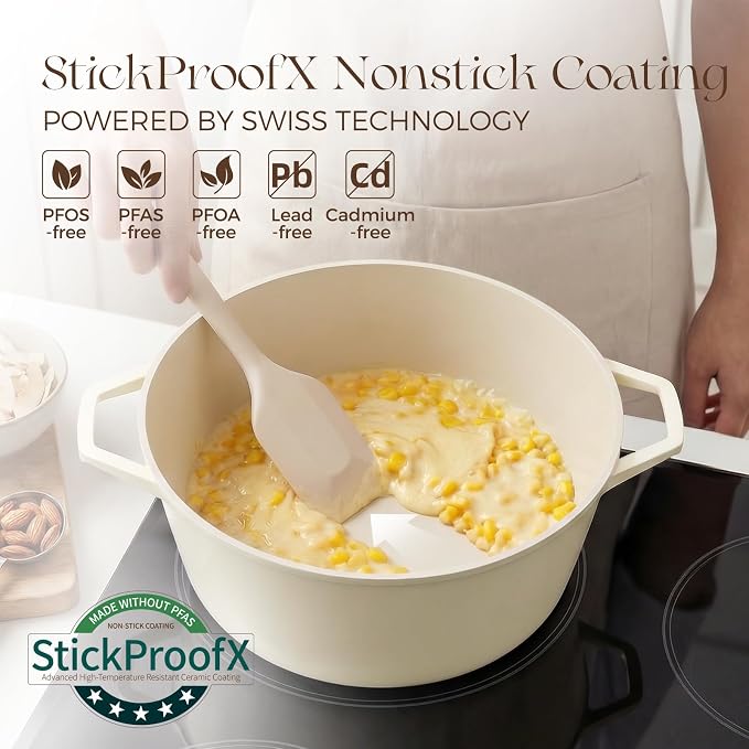 PRICUSIS Ceramic Nonstick Stock Pot with Silicone Rim Glass Lid, 4.5/7 QT Soup Pot Casserole, Cooking Pot, Induction Compatible, Dishwasher & Oven Safe, Ideal for Pasta, Bake & Stews, Coconut White