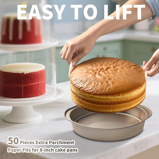 6 Inch Cake Pan, 3PCS Nonstick Round Cake Pans with 50 PCS Parchment Paper, Durable Birthday Circle Cake Baking Pan with Handle for Multi-Layer Cakes, Dishwasher Safe (Gold, 6")