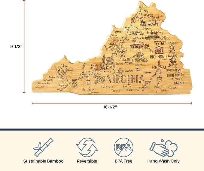 Totally Bamboo Destination Virginia State Shaped Cutting Board | State charcuterie serving board with engraved map artwork. Smooth reverse side for food prep. Hang tie for wall display.