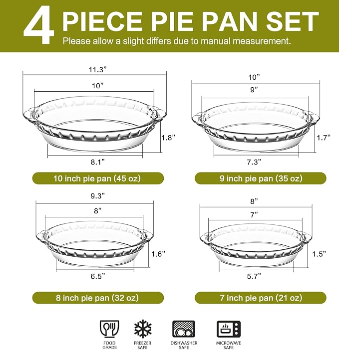 4 Packs Glass Pie Plates, MCIRCO Deep Pie Pans Set (7"/8"/9"/10"), Pie Baking Dishes with Handles for Baking and Serving, Clear