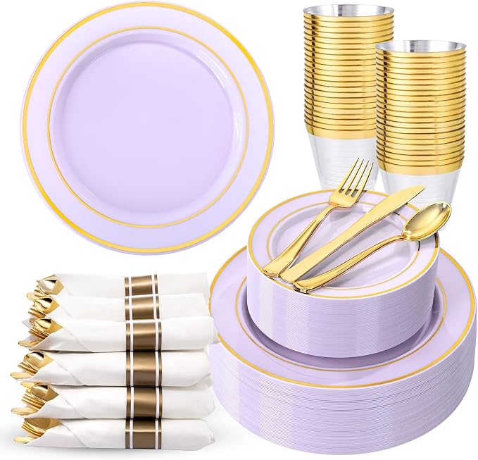 350PCS Purple Plates Disposable - Purple Plastic Plates 50Guests Lavender Disposable Dinnerware Sets with Rolled Napkins for Wedding/Birthday/Baby Shower/Bridal Shower