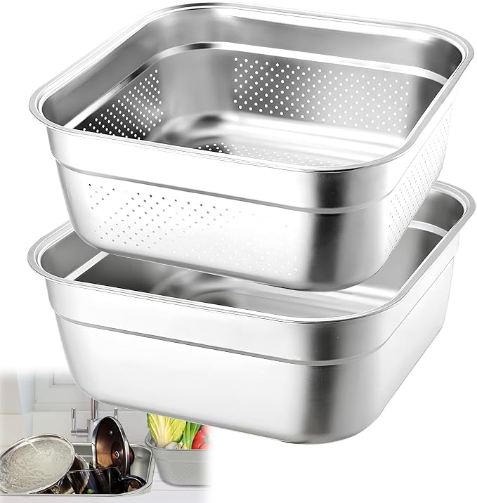 2-in-1 Stainless Steel Washing Up Bowl Set, 12.8" Sturdy Square Dish Tub with Colander, Fruit Vegetable Washing Basin for Sink, Food Grade Dishpan for Draining Rice, Pasta, Food Strainer Mixing Bowl