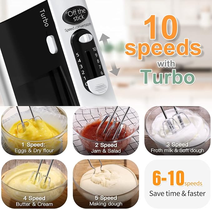 600W Powerful Hand Mixer Electric 10 Speed Powerful with Turbo | Kitchen Handheld Mixer for Baking Cake Lightweight & Personal with Egg Baking Beaters Dough Hooks, Whipping Mixing Cookies