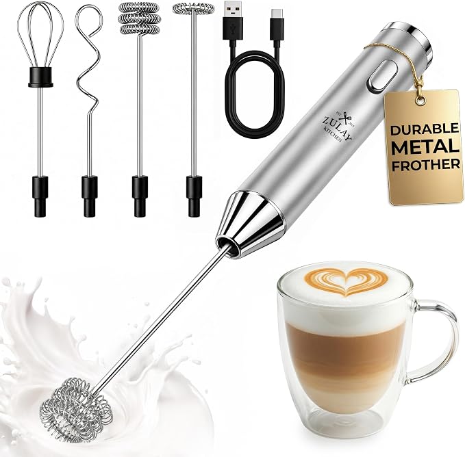 Zulay Kitchen Rechargeable Milk Frother Handheld - Frother Wand, Drink Mixer, Electric Whisk Frother, for Cappuccinos, Matcha & Protein Powder - Ultra Metal 4 Whisk, 1800mAh Silver