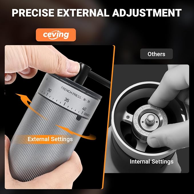 CEVING Mini Manual Coffee Grinder With 40 Adjustable Settings, Silver | Portable Hand Coffee Bean Mill with Stainless Steel Burrs, 30g Capacity, Ideal for Travel, Camping, French Press, Pour Over