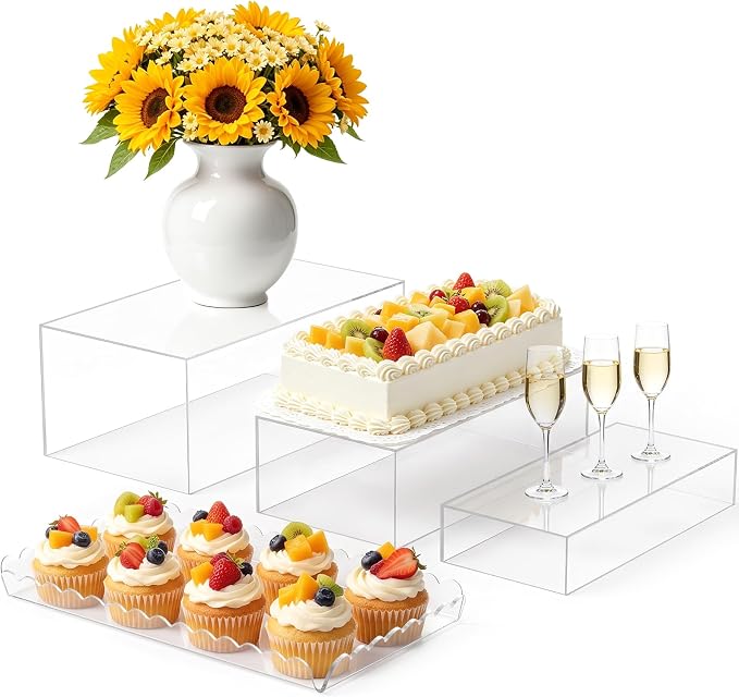 Buffet Risers, 4PCS Clear Acrylic Food Risers for Party Table, Rectangle Dessert Display Stands with Hollow Box for Drink Catering Supply, Scalloped Acrylic Tray for Cupcake Fruits