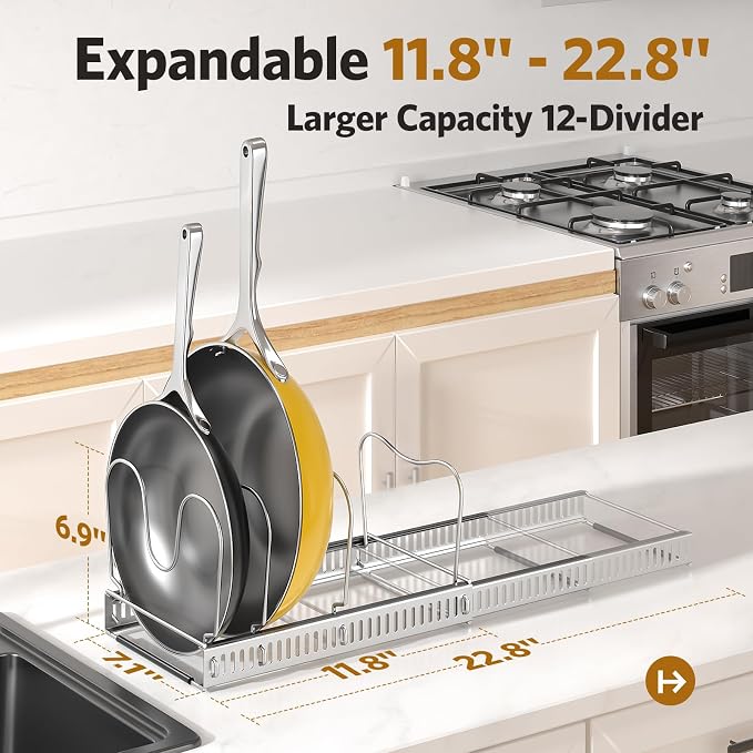 Pots and Pans Organizer under Cabinet, 11.8-22.8" 12 Dividers Silver | Extends 11.8-22.8", Holds pot lids, pans, cookware and bakeware, Adjustable dividers, for under cabinet or countertop