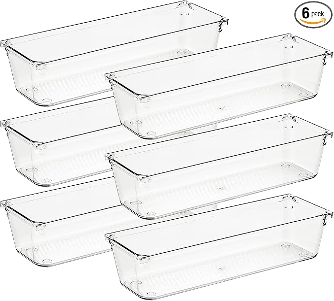 Ravinte 6 Pack Drawer Organizer, 3" x 9" Plastic Storage Bins | Acrylic Tray Design, Non-Slip Pads, For Makeup, Jewelry, Kitchen Utensils, Bathroom, Office Storage