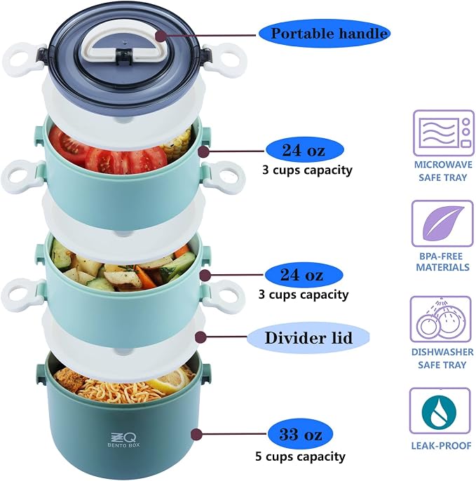 3-Tier Stackable Lunch Box Adult Bento Box Set with Thermo Bag, Utensils | 81oz Large Capacity Lunch Containers, BPA-Free, Leak-Proof, Microwave & Dishwasher Safe Bento Box for Work, School, Green