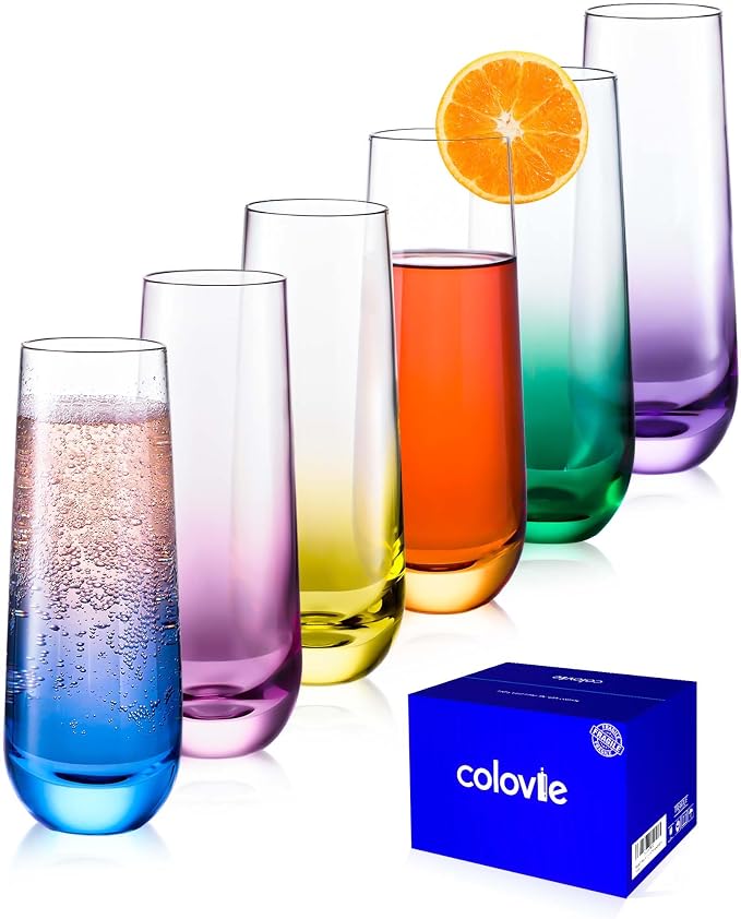 ColoVie Stemless Champagne Flutes set of 6, Colored Bar Glassware, Cocktail | Colored Champagne Glasses, Crystal Glass for Wedding Toasting, Prosecco, Mimosa Glasses, Bridesmaid Gift, Party Glassware
