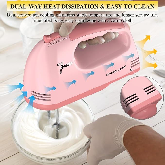 BAIGELONG Hand Mixer. 7-Speed Adjustable Kitchen Electric Mixer. With 5 Stainless Steel Attachments: 2 Hooks, 2 Beaters, 1 Whisk. Comes 1 Storage Box. Perfect for Bakers and New Starters. Pink