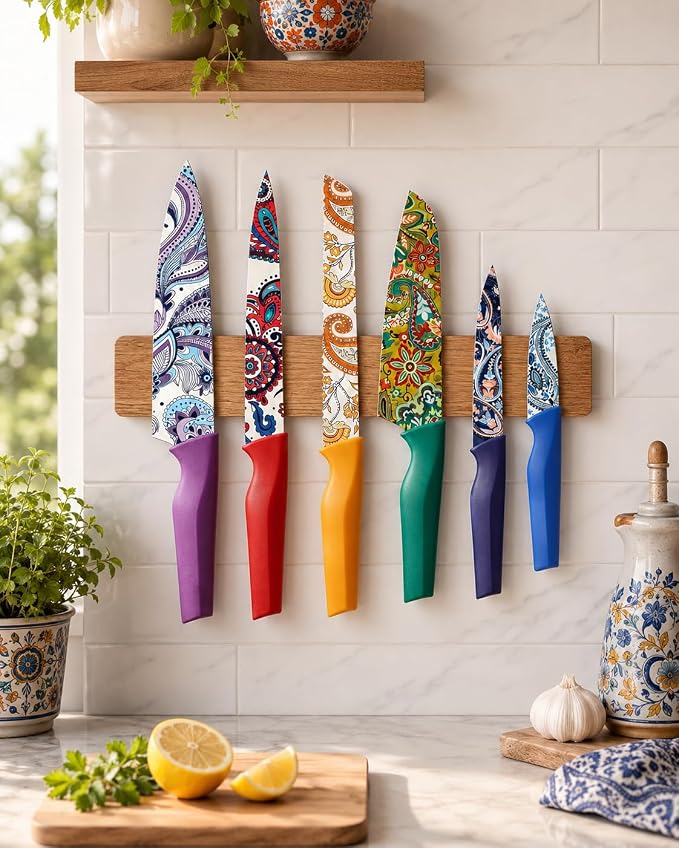 Astercook Paisley Pattern Knife Set with Cover | Dishwasher Safe, 6 Knife Sheath, German Stainless Steel, Rainbow Colorful Design