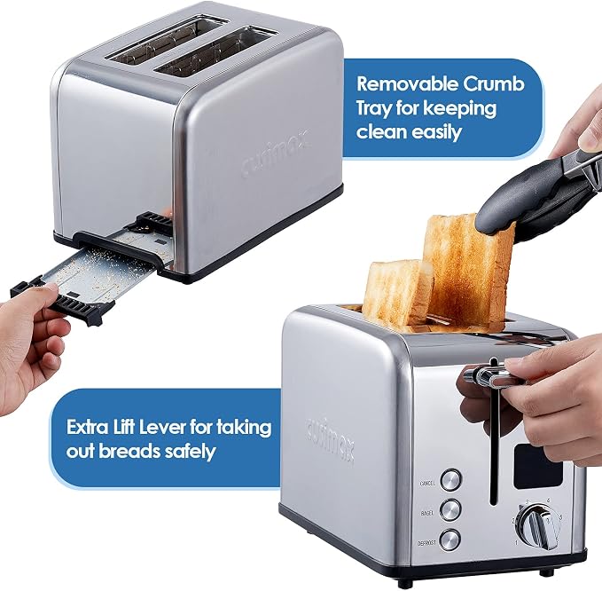 CUSIMAX 2 Slice Stainless Steel Toaster with Digital LED Display, Silver | 1.5" Wide Slots for Bagels & Thick Bread, Countdown Timer, 6 Browning Levels, Bagel/Defrost/Cancel, Removable Crumb Tray