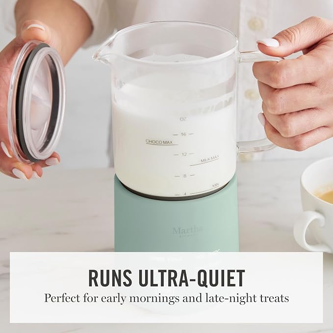 Martha Stewart 10oz Milk Frother & Steamer, 4 Presets, 300ml Glass Pitcher | Light, Dense, Cold Foam & Hot Chocolate, Ready in 90 Seconds, Cordless Pouring, Runs Quiet, Almond, Soy & Oat Milk, Honeydew
