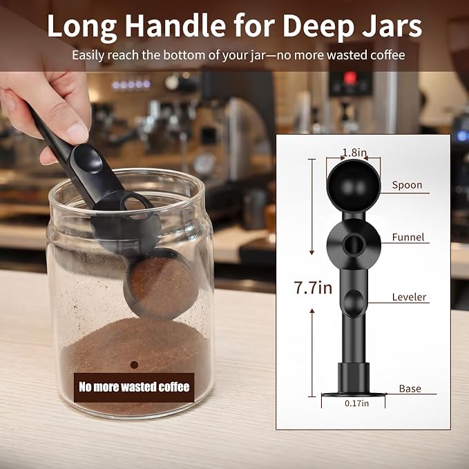 Coffee Scoop with Funnel for Reusable K Cup, 2 TBSP Measuring Spoon | Mess-Free Funnel Design, Sliding Leveler for Precise 2 TBSP, Long Handle for Coffee, Protein Powder & Tea (1-Pack)