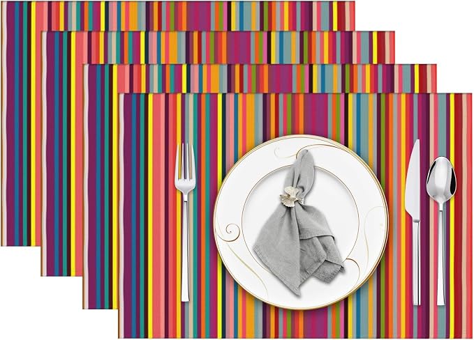 Bright Colorful Striped Placemats Set of 4, 12x18 Inch Cinco De Mayo Decorations, Mexican Rainbow Colored Geometric Pattern Table Mats for Holiday Party Kitchen Dining Room Decoration